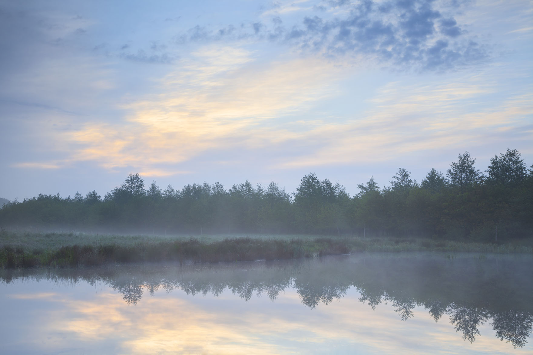 Kleiner Teich im Morgendunst mit dezentem Farbspiel in den Wolken.